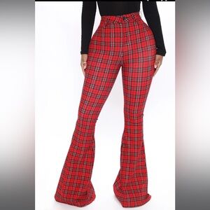Red Plaid Stretch Flare Jeans